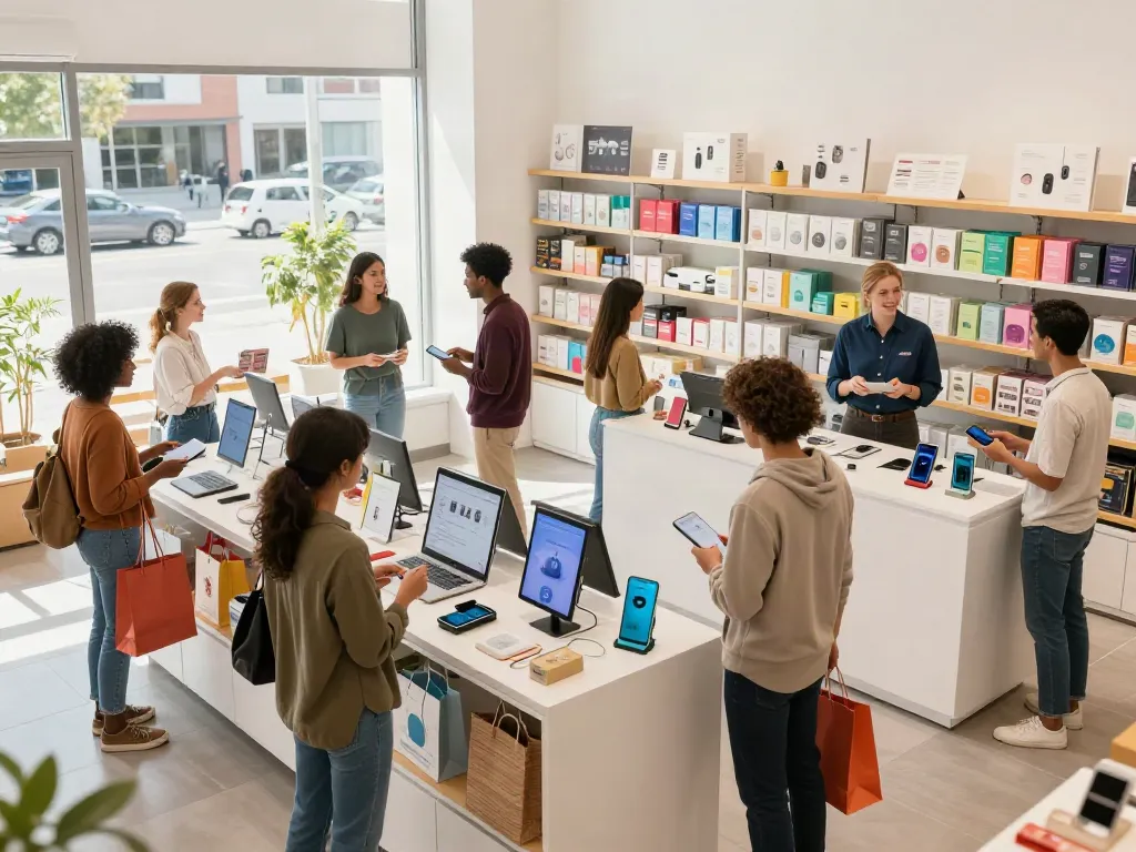 Shoppers exploring diverse Productos in a vibrant retail environment, engaging with displays and store assistants.
