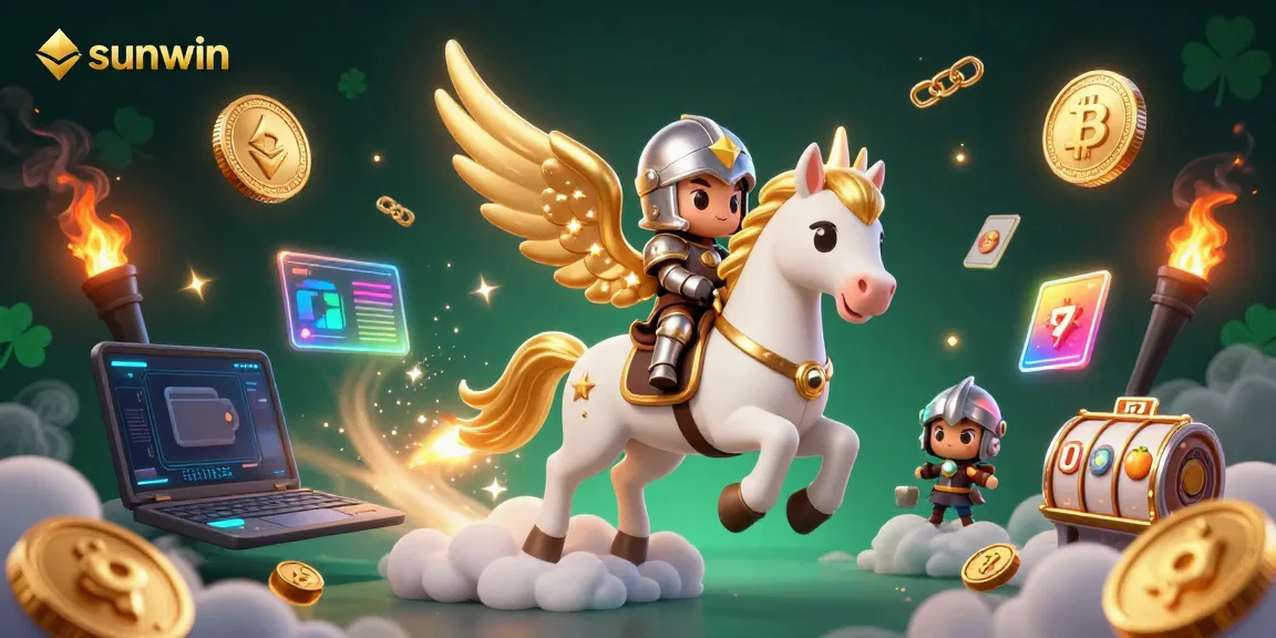 Experience thrilling gameplay with sunwin's celestial knight and golden horse amidst vibrant symbols and coins.