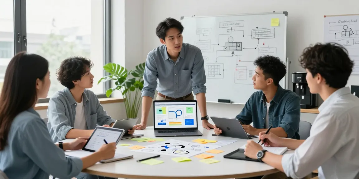 Team collaboration to build internal tools with AI in a modern workspace, showcasing ideas and technology in action.