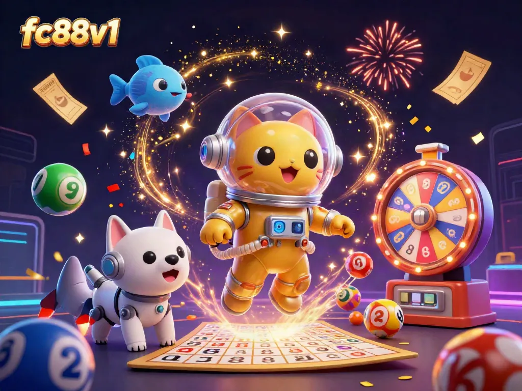 Experience the thrilling excitement of fc88v1 with vibrant casino elements and joyful characters in a dazzling scene.