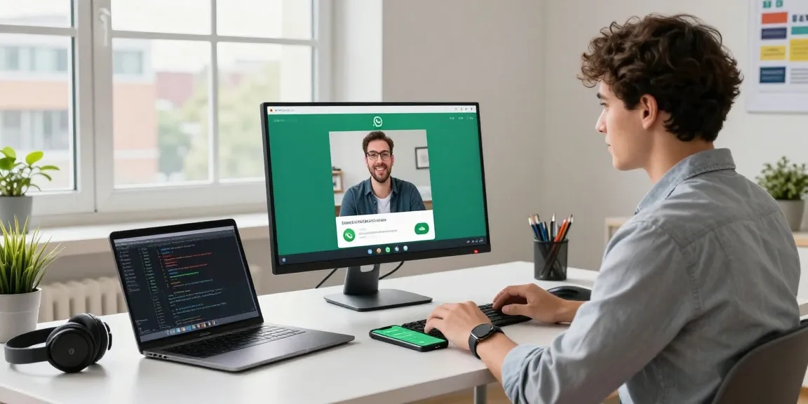 Professional using WhatsApp電腦版 for video calls in a modern workspace with technology.