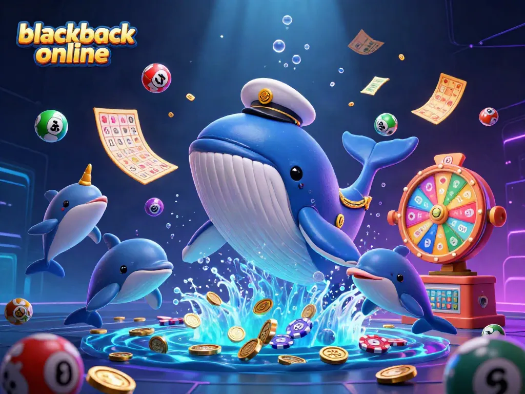 Juega al blackjack online en México con una divertida ilustración de una ballena y amigos.
