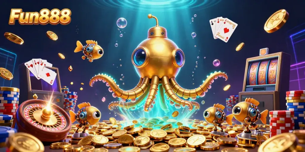 Fun888 spirited players uncovering treasures in an ultra-detailed casino adventure