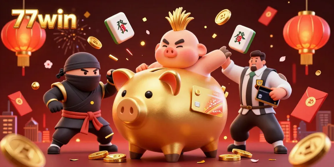 Experience thrilling gameplay with 77win featuring a golden piggy bank sumo wrestler and dynamic casino elements.