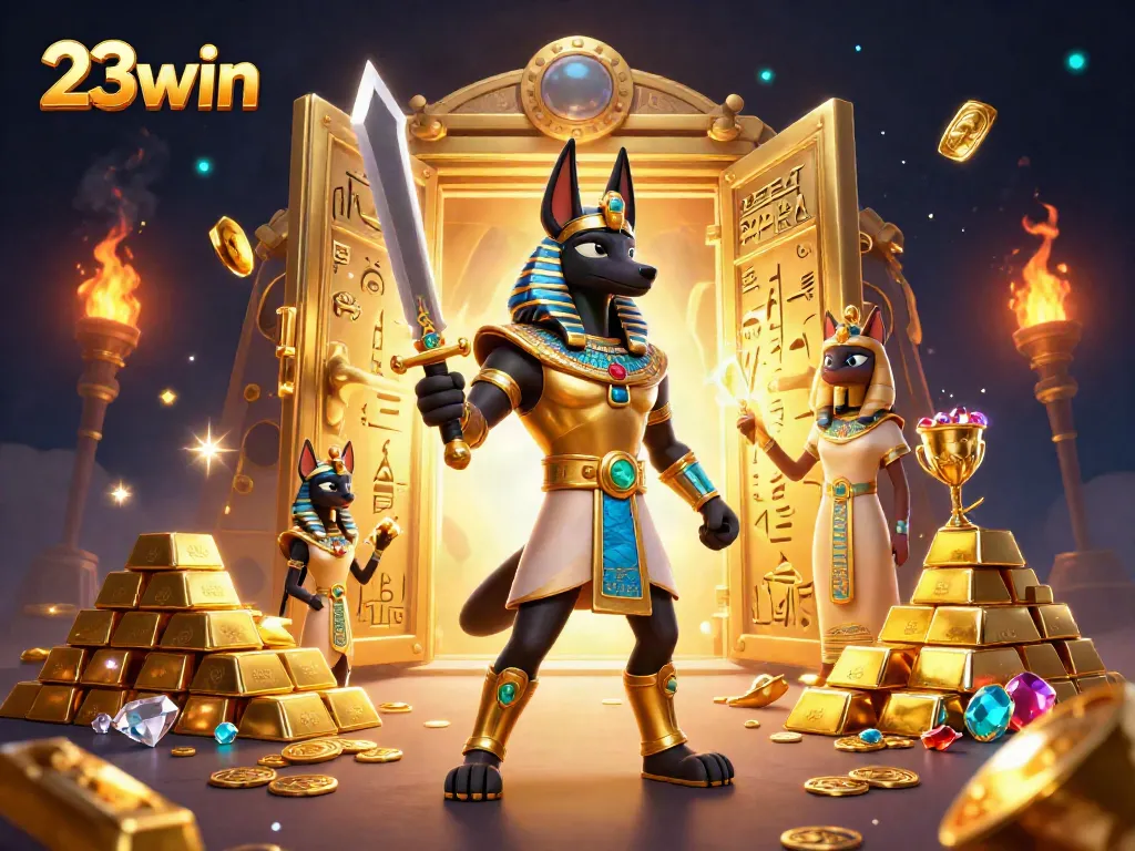 Experience the thrill of 23win with ancient Egyptian warriors guarding dazzling treasures in a casino setting.