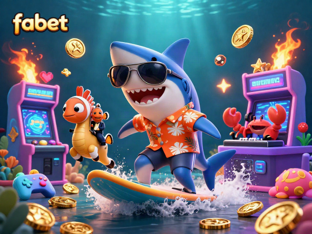 Experience fabet's vibrant online gambling world with a shark riding gold coins and arcade game elements.