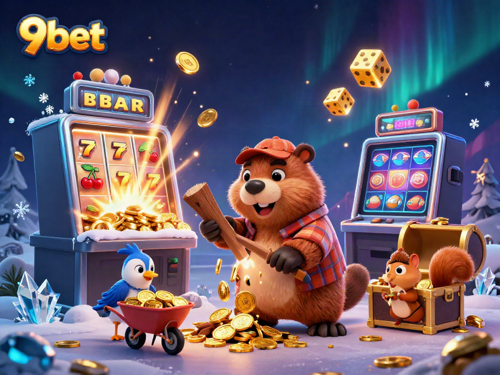 Engaging illustration of a 9bet-themed casino scene featuring a playful lumberjack beaver with gold coins.