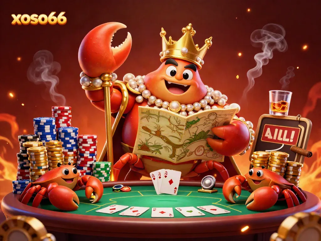 Experience thrilling gameplay with xoso66's vibrant 3D crab emperor amidst poker elements and treasures.