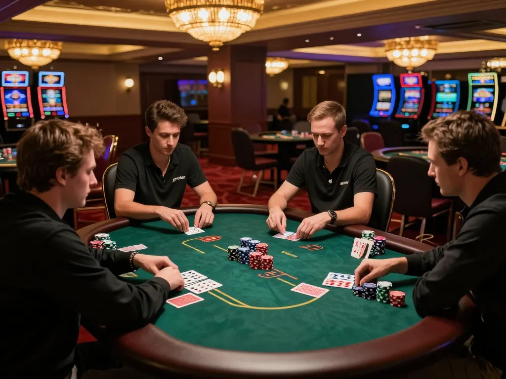 RR88 players strategizing their bets at an upscale poker table, illuminated by warm casino lights.