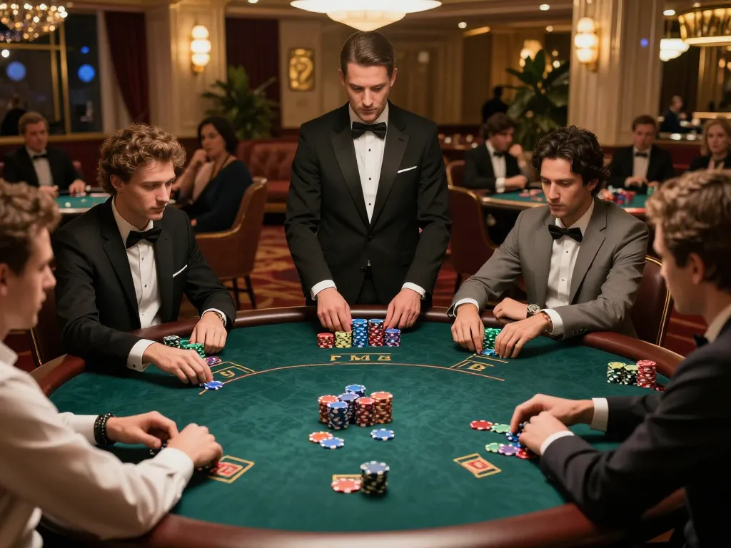 Engaged players strategizing their bets at a luxurious poker table 78WINCOM in a casino.