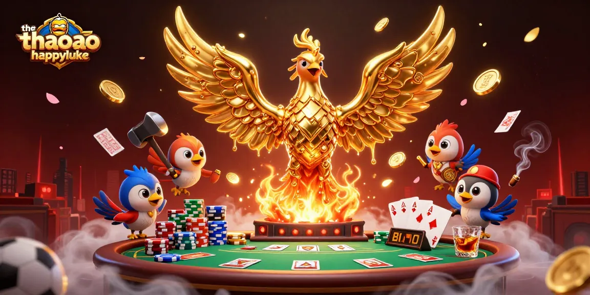 Bet big with the thao ao happyluke in an immersive 3D casino scene where golden coins rain down.