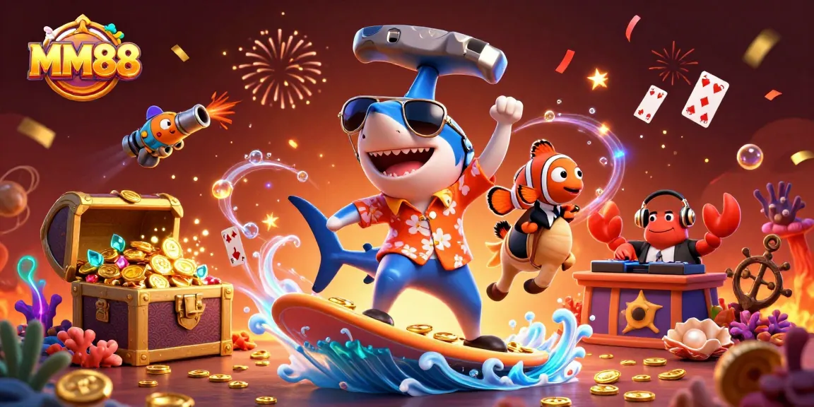 Experience thrilling jackpots at MM88 with vibrant characters surfing on gold coins and playing cards.