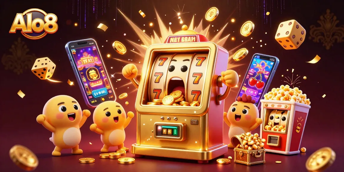 Alo8 delivers thrilling gaming excitement with animated slot machines celebrating a jackpot.
