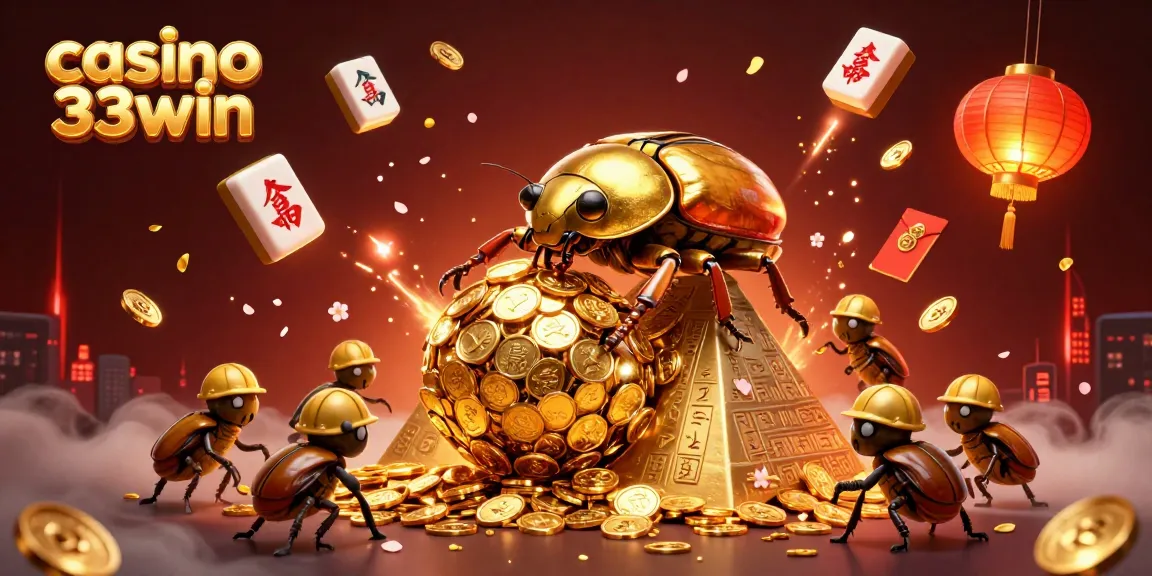 Experience thrilling gameplay at casino 33win with a vibrant 3D scene of golden beetles amidst casino symbols.
