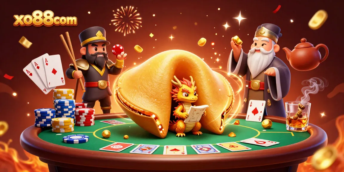 Experience the excitement at xo88com with a vibrant casino scene featuring a golden fortune cookie and poker elements.