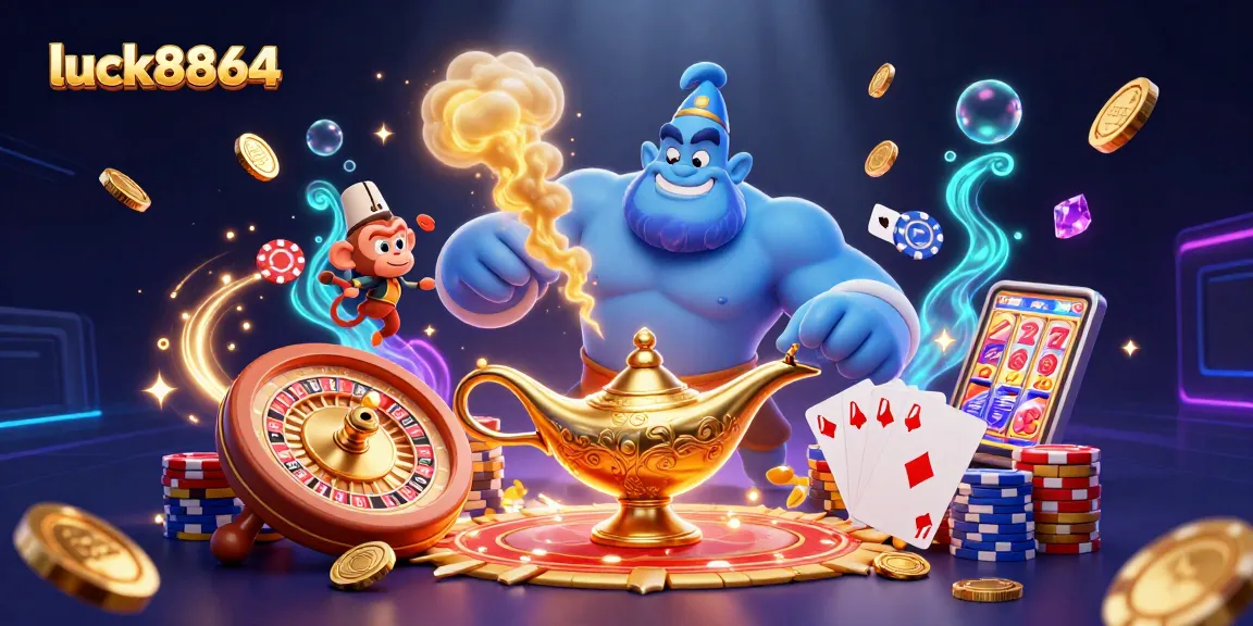 Engage in thrilling gameplay at luck8864 with a vibrant casino scene featuring a genie and poker elements.