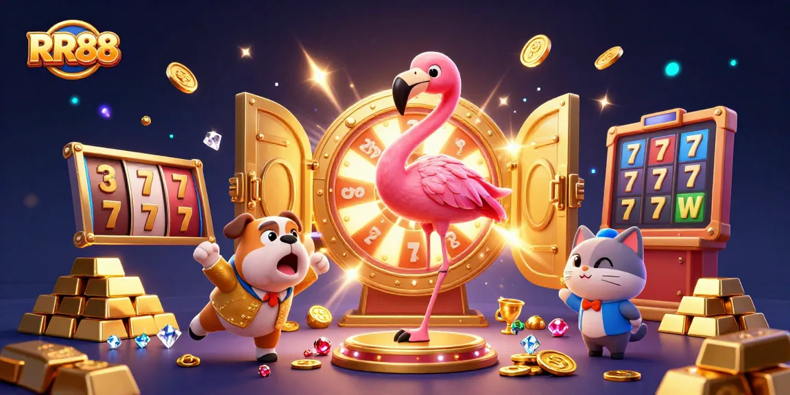 Experience the thrilling RR88 slot adventure with a dynamic game show scene featuring exciting prizes and characters.